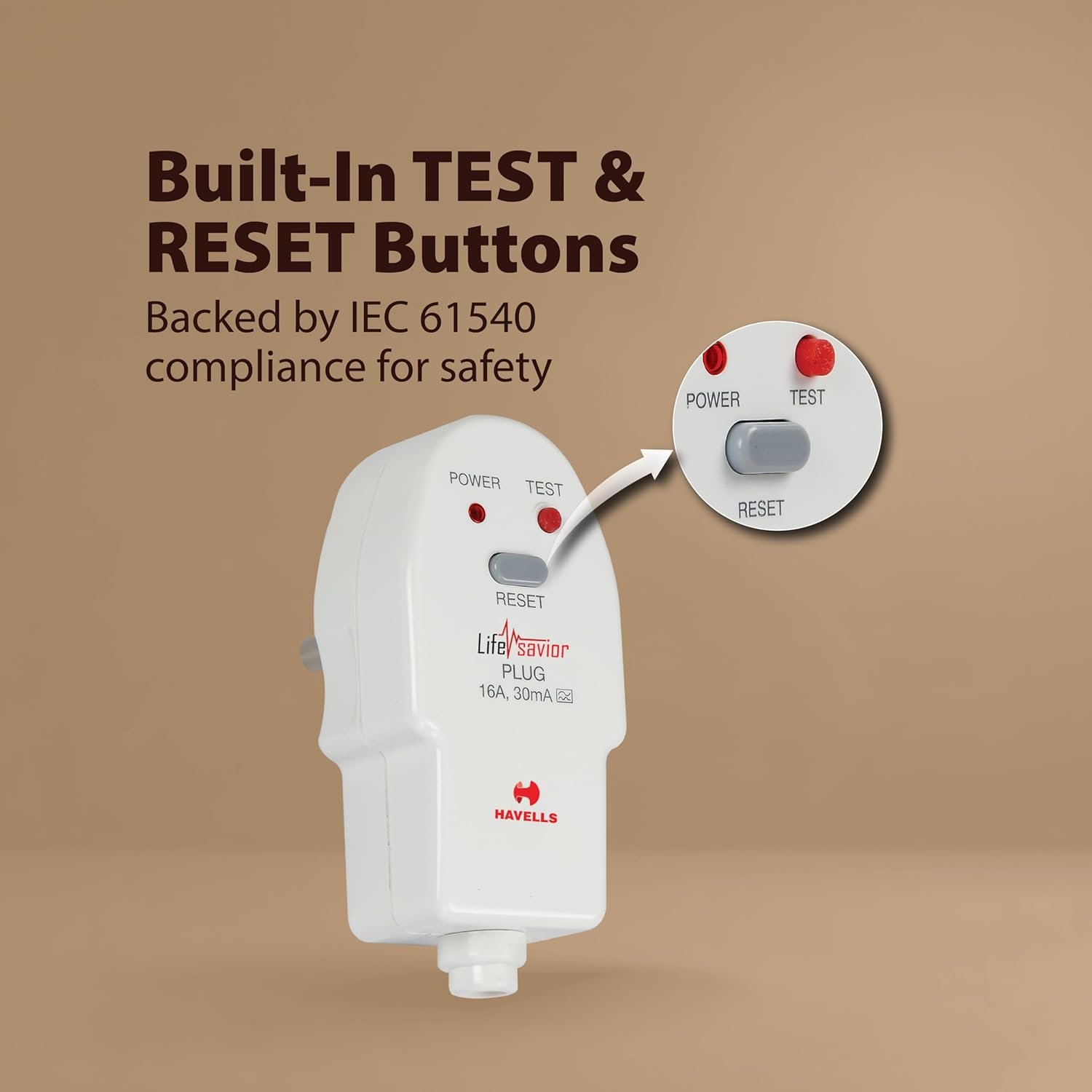 Havells Plastic 16A 30mA PRCD Plug Top, Equipped with a Safety Shutter Socket Along with An Auto Trip Feature Which Shuts Off if Detects Any Current Leakage, Backup Protection for Overload 6IEC 61540 - Image 7
