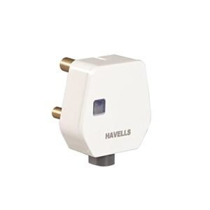 Havells 16A Heavy Duty Polycarbonate Plastic 3-Pin Plug Top with LED Indicator, ISI Certified with Nickel Plated Brass Pins, Ideal for ACs and Geysers Having High Customer Satisfaction Rating (White)