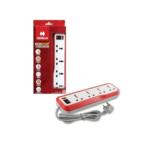 Havells EcoStar 4+1 Extension Board | Overload, Over Current & Over Voltage Protection | 4 Mtr Copper Wire | ISI Certified Wire & Plug | Universal 3 Pin 4 Sockets | LED Indicator | Home & Office Use - Image 2