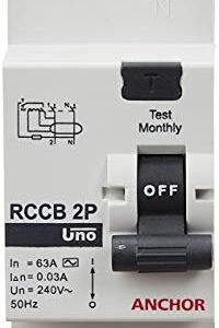 Anchor by Panasonic UNO Series RCCB 63 AMP 30mA Four Pole Residual Current Circuit Breaker (White, 98210-2)