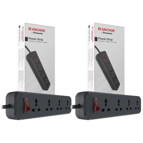 ANCHOR By Panasonic Powerstrip with 4 Sockets, 1 ON/Off Switch, 1.5 Metre, 6A, 240V AC, Pack of 2