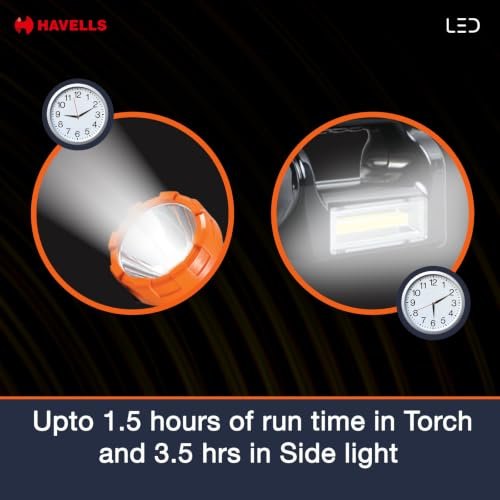 Havells Beam 50 Rechargeable Li-ion Torch 5 W | 3.7V, 1200 mAh Lithium-Ion Rechargeable | 2 Light Modes | 5 W Bright White LED in Torch | 3W in Side Light | Full Charging Indicator | Long Backup Time - Image 7