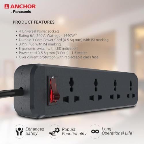 ANCHOR By Panasonic Powerstrip with 4 Sockets, 1 ON/Off Switch, 1.5 Metre, 6A, 240V AC, Pack of 2 - Image 3