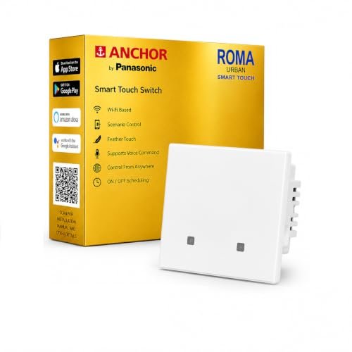 Anchor By Panasonic Smart Wi-fi Modular 2 Gang Premium Touch Switch (6 Amps Each) Fits in Anchor Roma Urban Plates Only) Compatible with Alexa, Google Assistant & Siri (Pack of 1, White)