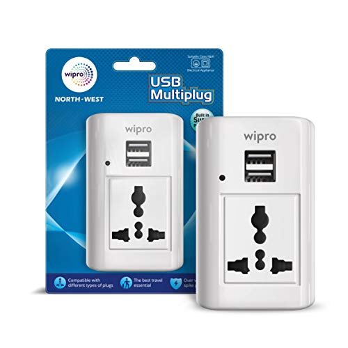 Wipro Multiplug with 3 Pin Universal Socket & 2 USB Port for Charging| Power Supply Indicator | Surge Protection | Compact & Light weight | Multiplug socket for Home, Office | Pack of 1 (White) - Image 2