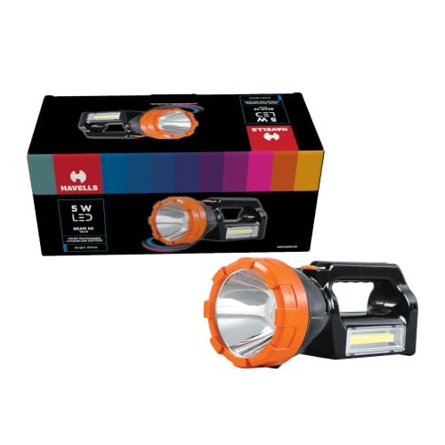 Havells Beam 50 Rechargeable Li-ion Torch 5 W | 3.7V, 1200 mAh Lithium-Ion Rechargeable | 2 Light Modes | 5 W Bright White LED in Torch | 3W in Side Light | Full Charging Indicator | Long Backup Time
