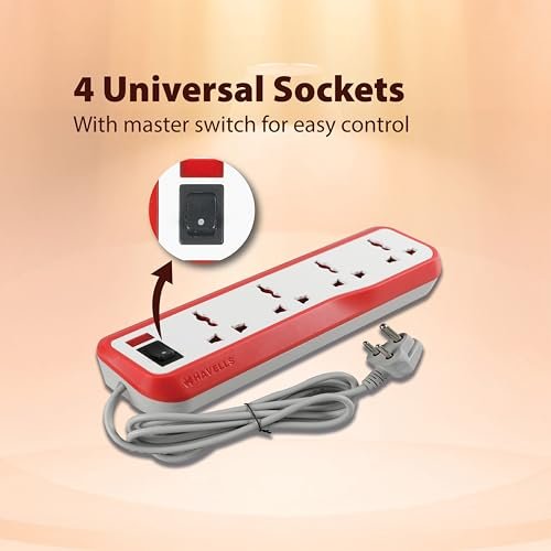 Havells EcoStar 4+1 Extension Board | Overload, Over Current & Over Voltage Protection | 4 Mtr Copper Wire | ISI Certified Wire & Plug | Universal 3 Pin 4 Sockets | LED Indicator | Home & Office Use - Image 3