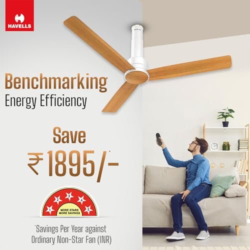 Havells 1200mm Elio Prime BLDC Ceiling Fan | Remote Controlled, High Air Delivery Fan | 5 Star Rated, Upto 60% Energy Saving, 2+1* Year Warranty | (Pack of 1, Pinewood Pearl White) - Image 5