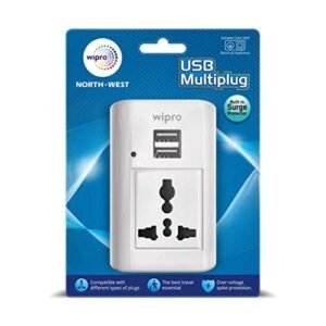 Wipro Multiplug with 3 Pin Universal Socket & 2 USB Port for Charging| Power Supply Indicator | Surge Protection | Compact & Light weight | Multiplug socket for Home, Office | Pack of 1 (White)