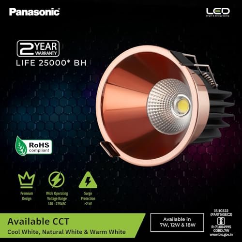 Panasonic 7 Watt Deep Recessed COB False Ceiling Light, Recessed Downlight for Home, Shop, Museum, Restaurant with 56mm Cutout, Rose Gold Reflector, Warm White Light (PDLM43073) - Image 5