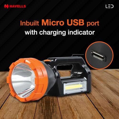 Havells Beam 50 Rechargeable Li-ion Torch 5 W | 3.7V, 1200 mAh Lithium-Ion Rechargeable | 2 Light Modes | 5 W Bright White LED in Torch | 3W in Side Light | Full Charging Indicator | Long Backup Time - Image 5