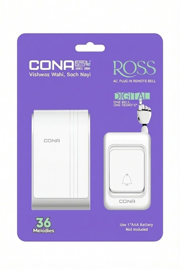 Cona ROSS Digital Wireless Remote Door Bell, 36 Melodies, White, AC Plug in, Model CRB-1205, Home Office Use