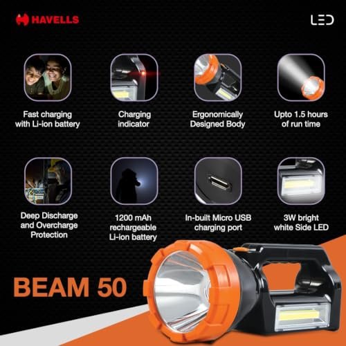 Havells Beam 50 Rechargeable Li-ion Torch 5 W | 3.7V, 1200 mAh Lithium-Ion Rechargeable | 2 Light Modes | 5 W Bright White LED in Torch | 3W in Side Light | Full Charging Indicator | Long Backup Time - Image 2