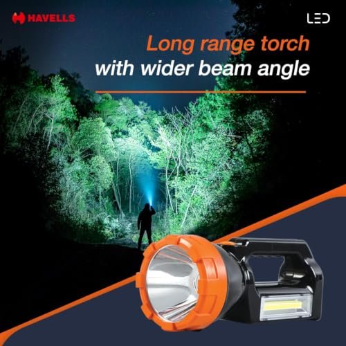 Havells Beam 50 Rechargeable Li-ion Torch 5 W | 3.7V, 1200 mAh Lithium-Ion Rechargeable | 2 Light Modes | 5 W Bright White LED in Torch | 3W in Side Light | Full Charging Indicator | Long Backup Time - Image 4