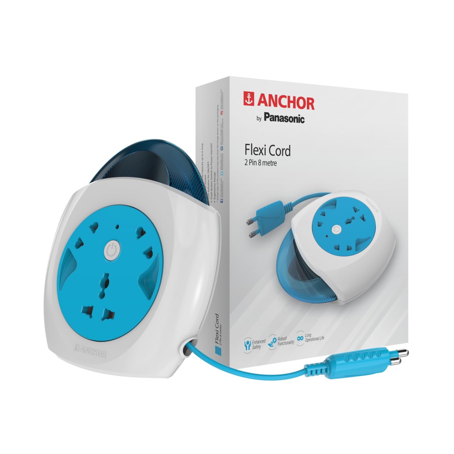 Anchor by Panasonic 6A 2 Pin Felx Box with 8 Mtr Cord | Universal Socket Switch Board With Indicator (Blue & White)(5225)