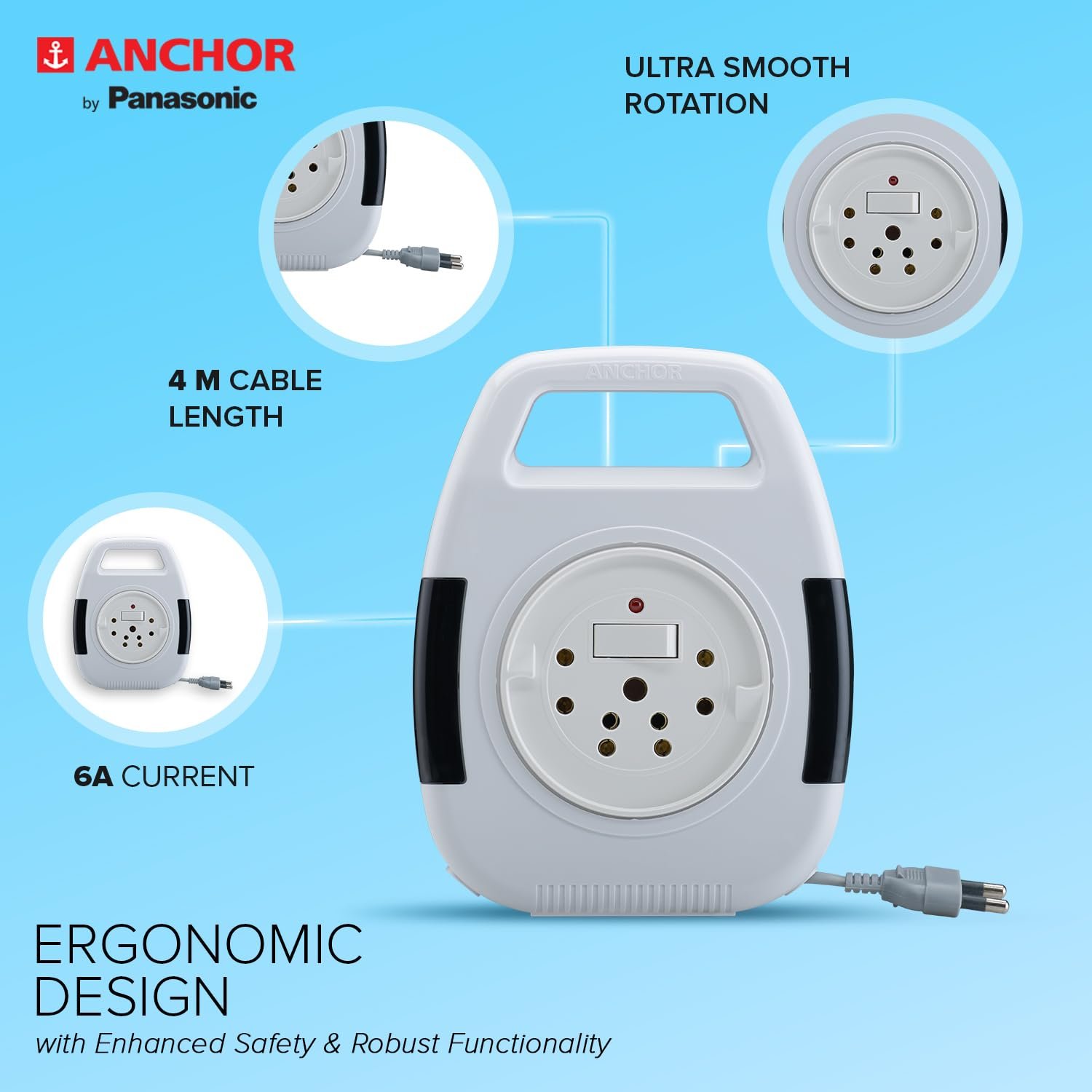 Anchor by Panasonic 6A 2 Pin Flex Box with Indicator & Handle | 4 Mtr Extension Flex Box for Home, Office (White)(5208) - Image 3
