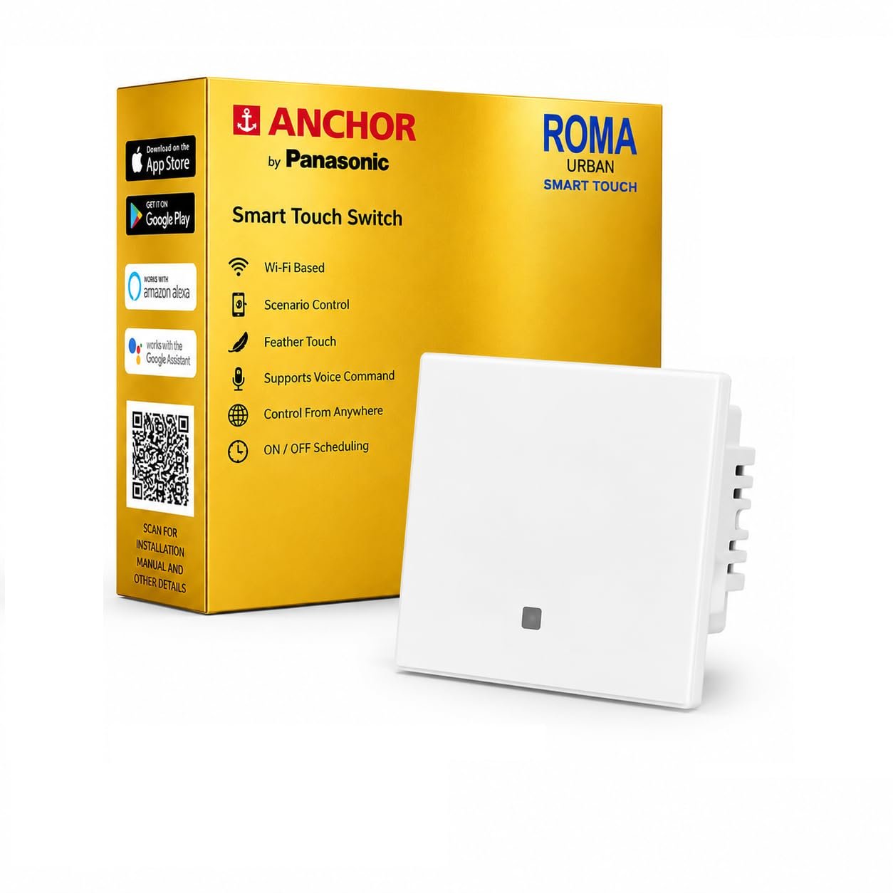Anchor By Panasonic Smart Touch Switch 16A, 1 Channel, 2 Module Fits in Anchor Roma Urban Plates Only) Compatible with Alexa, Google Assistant & Siri (Pack of 1, White)