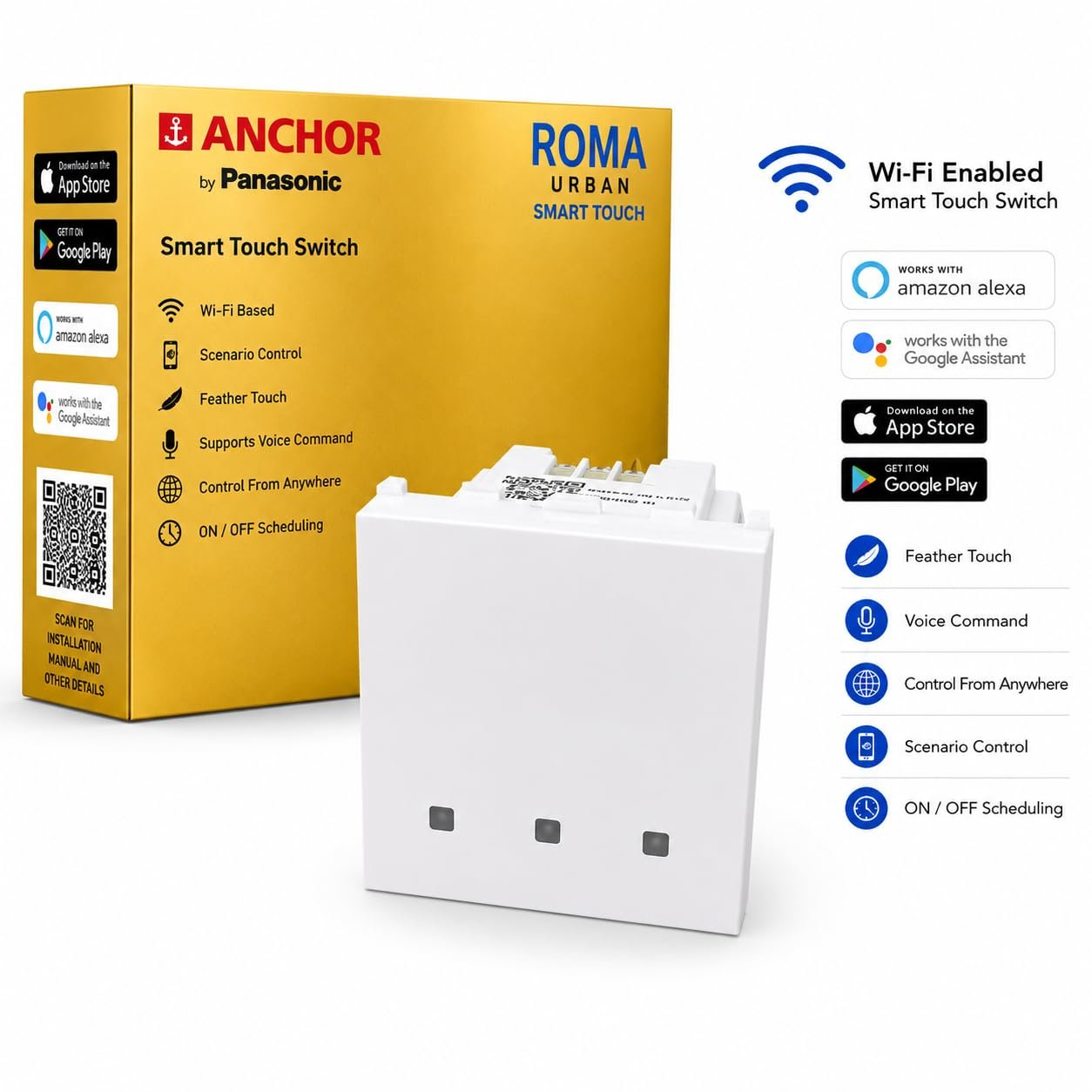 Anchor By Panasonic Smart Wi-fi Modular 3 Gang Premium Touch Switch (6 Amps Each) Fits in Anchor Roma Urban Plates Only) Compatible with Alexa, Google Assistant & Siri (Pack of 1, White) - Image 2