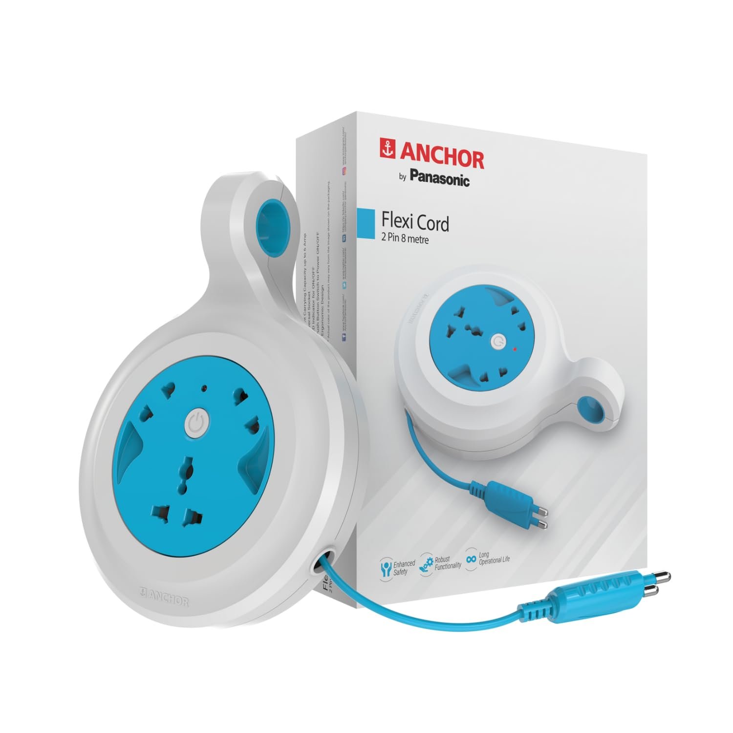 Anchor by Panasonic Diamond 6A 2 Pin Flex Box with Indicator & Handle | 8 Mtr Extension Flexi Cord with Universal Socket (5222)