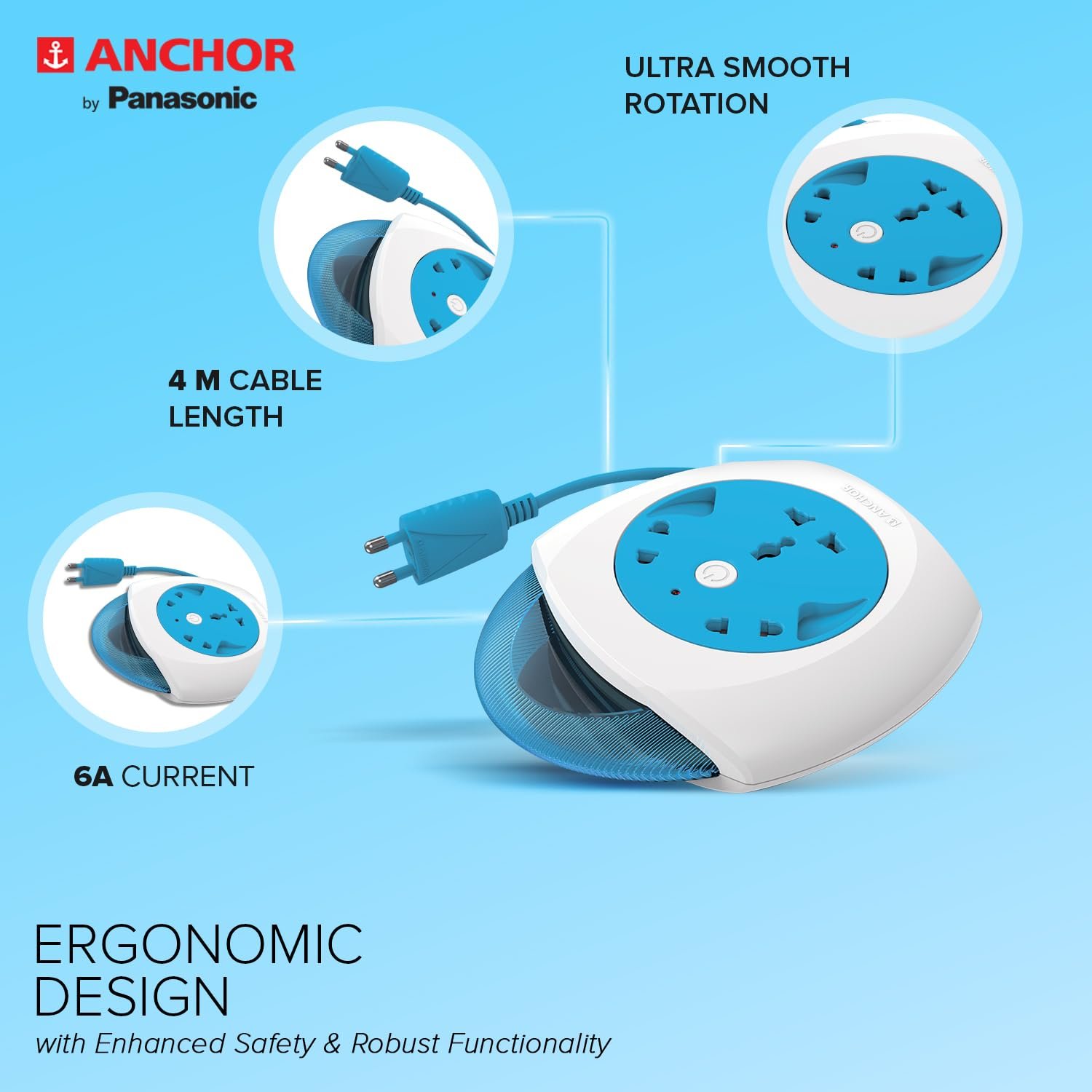 Anchor by Panasonic 6A 2 Pin Felx Box with 4 Mtr Cord | Universal Socket Switch Board With Indicator (Blue & White) (5224) - Image 3
