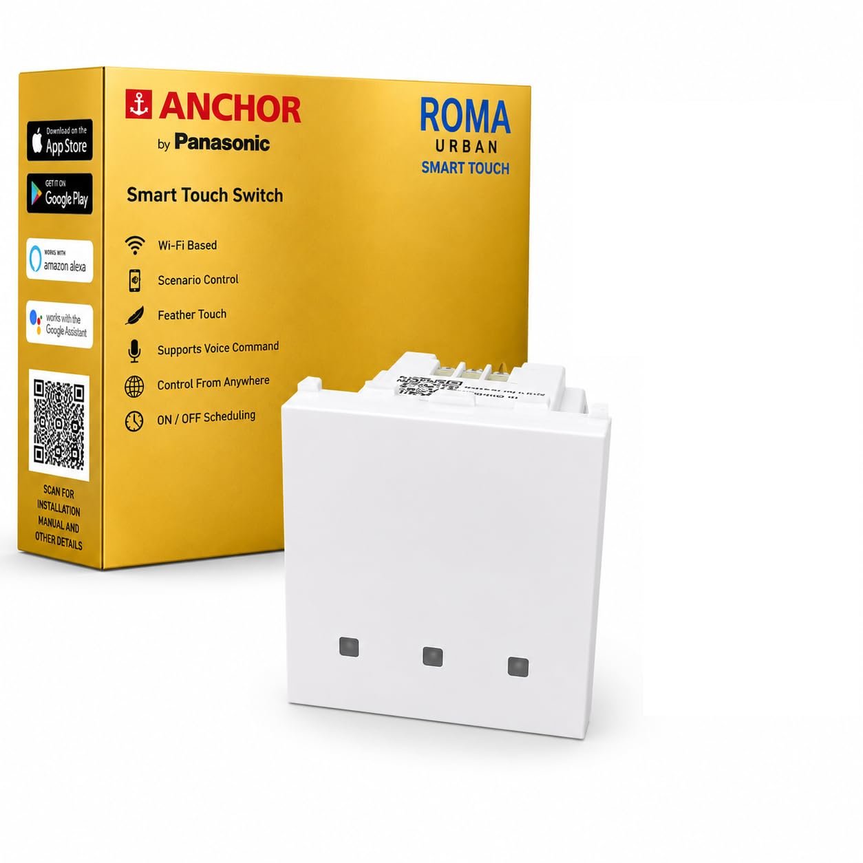 Anchor By Panasonic Smart Wi-fi Modular 3 Gang Premium Touch Switch (6 Amps Each) Fits in Anchor Roma Urban Plates Only) Compatible with Alexa, Google Assistant & Siri (Pack of 1, White)