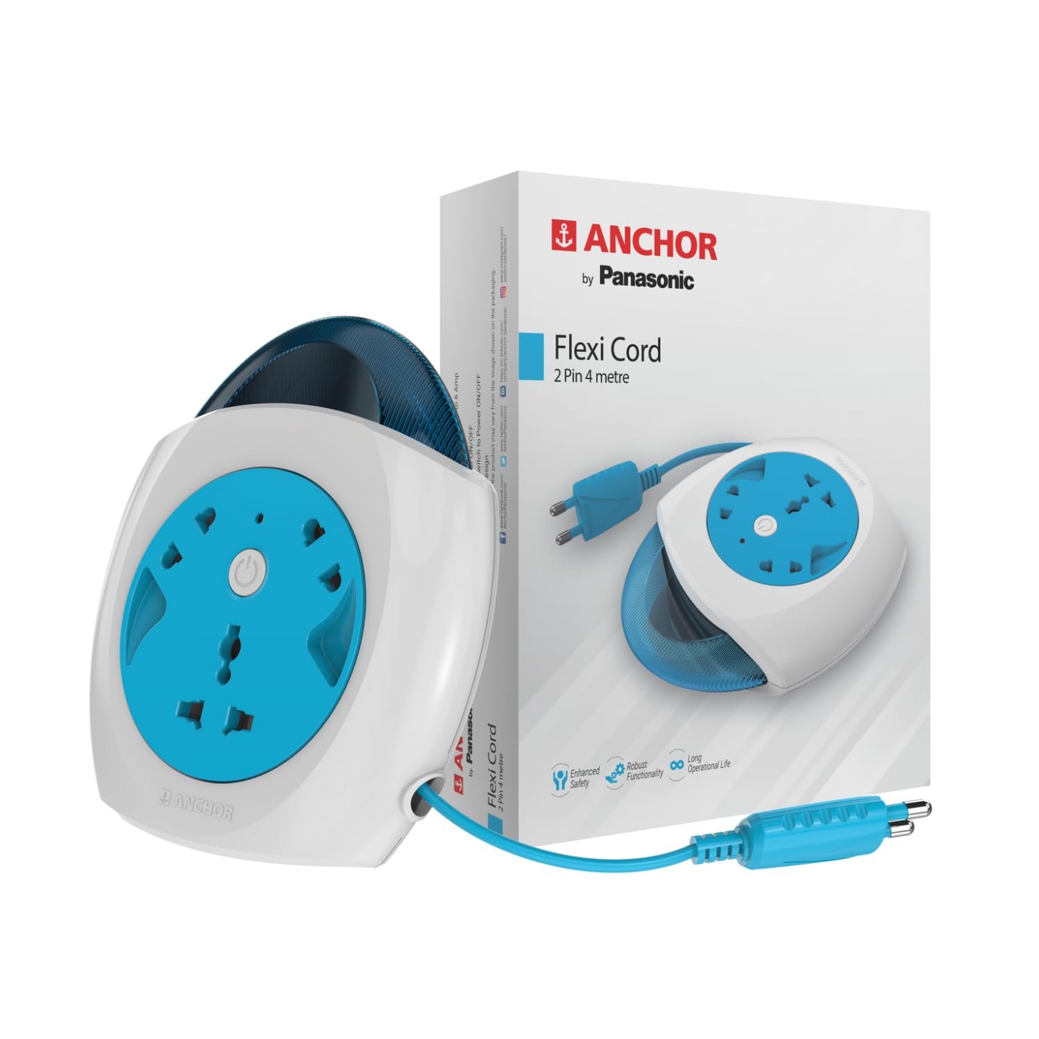 Anchor by Panasonic 6A 2 Pin Felx Box with 4 Mtr Cord | Universal Socket Switch Board With Indicator (Blue & White) (5224)