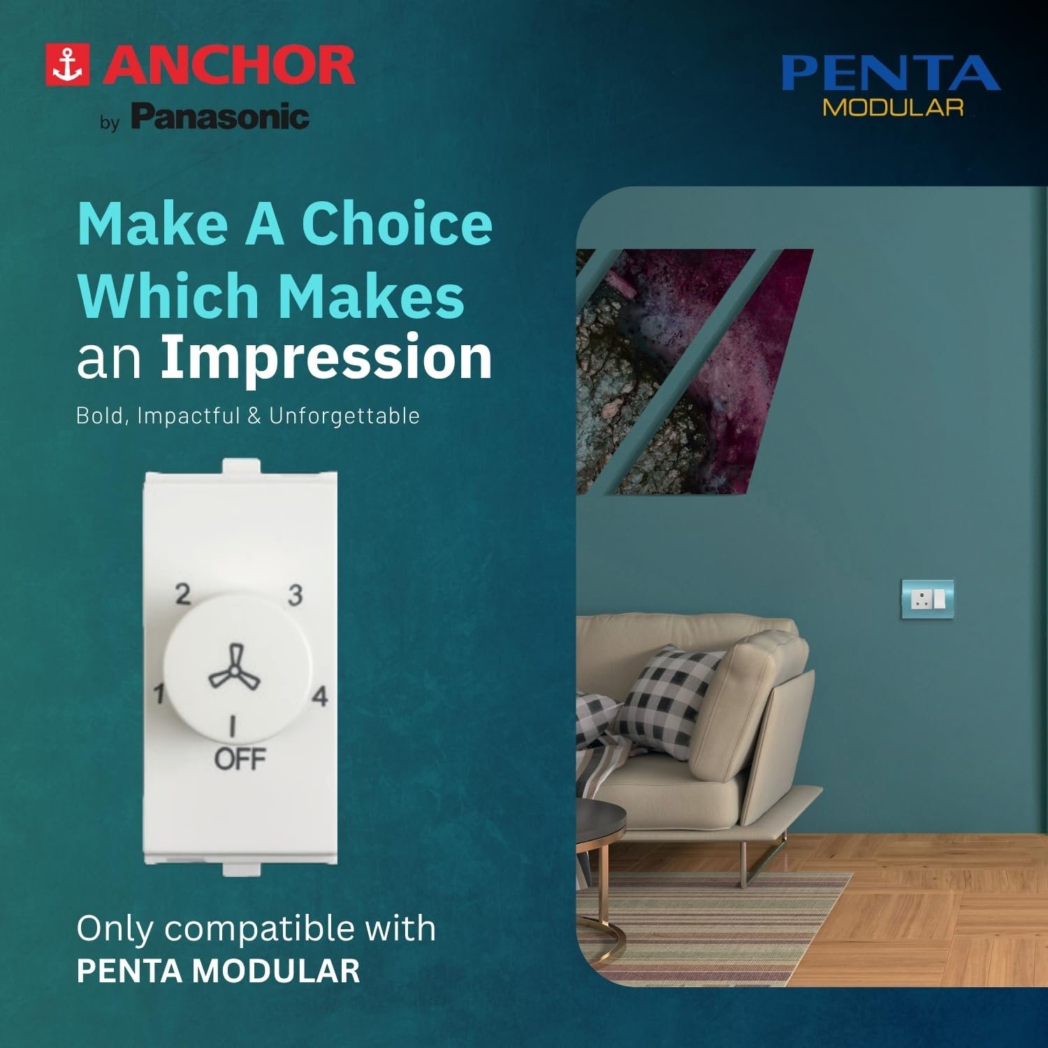 Anchor by Panasonic Penta Modular 100W Tiny Step Fan Regulator, 1-Module, 4-Step Speed Control, Durable Polycarbonate, Sleek White Finish (65301) - Image 3