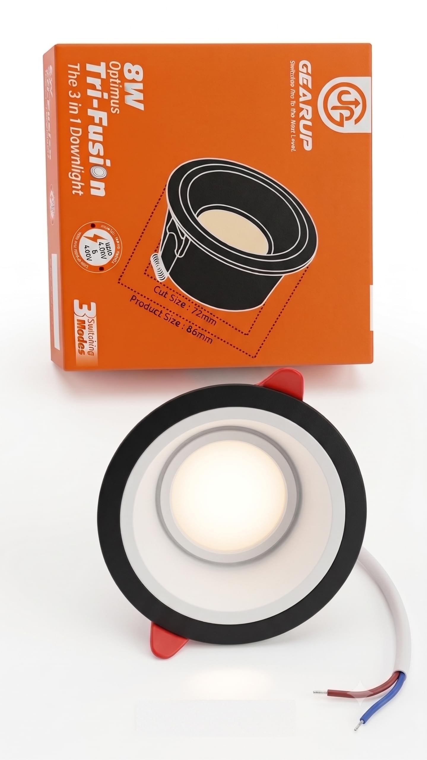 GearUp Optimus Tri-Fusion 8W 3-in-1 LED Downlight | 3 Color Modes (Cool White, Warm White, Neutral White) | Recessed Ceiling Spotlight with in-Built Surge Shield | Cut Size 72mm (Pack of 4) - Image 2