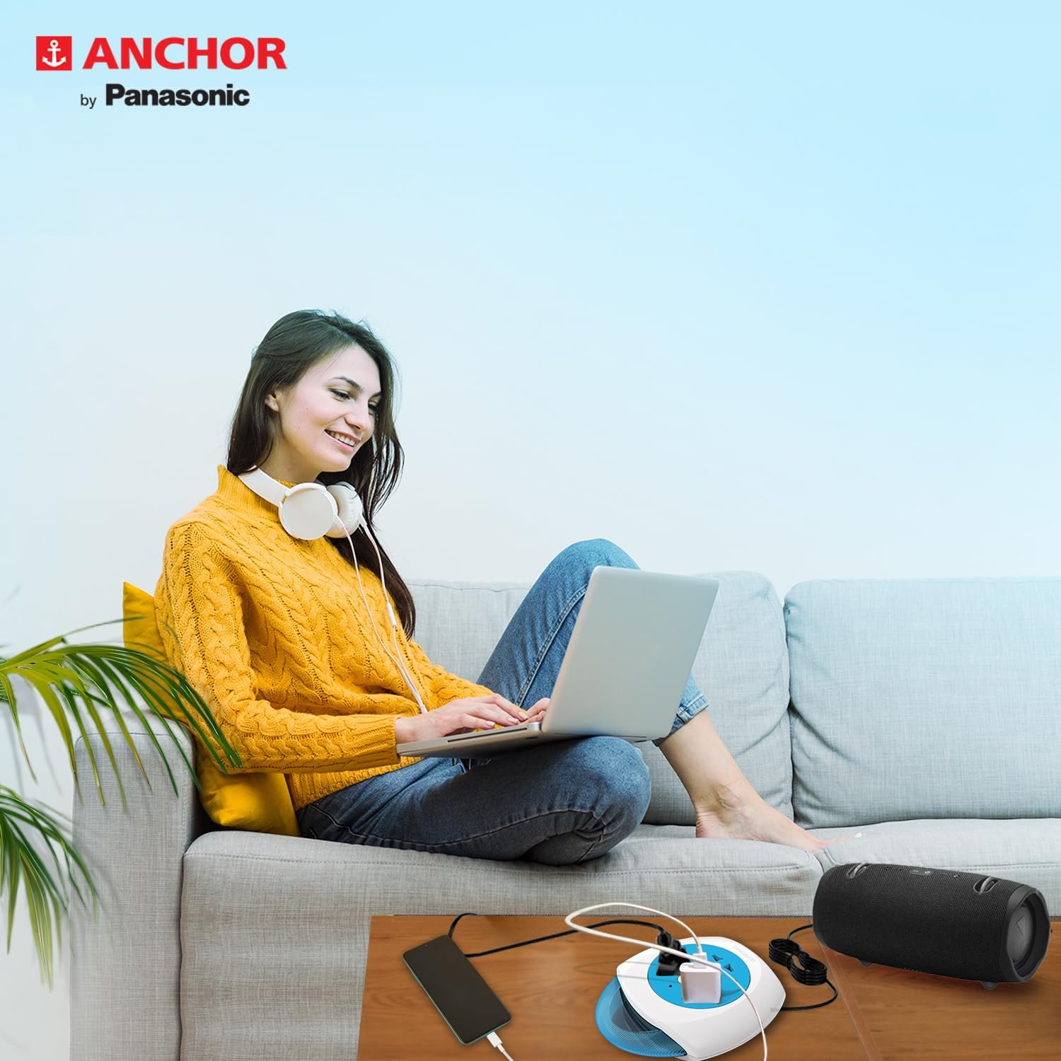 Anchor by Panasonic 6A 2 Pin Felx Box with 8 Mtr Cord | Universal Socket Switch Board With Indicator (Blue & White)(5225) - Image 2