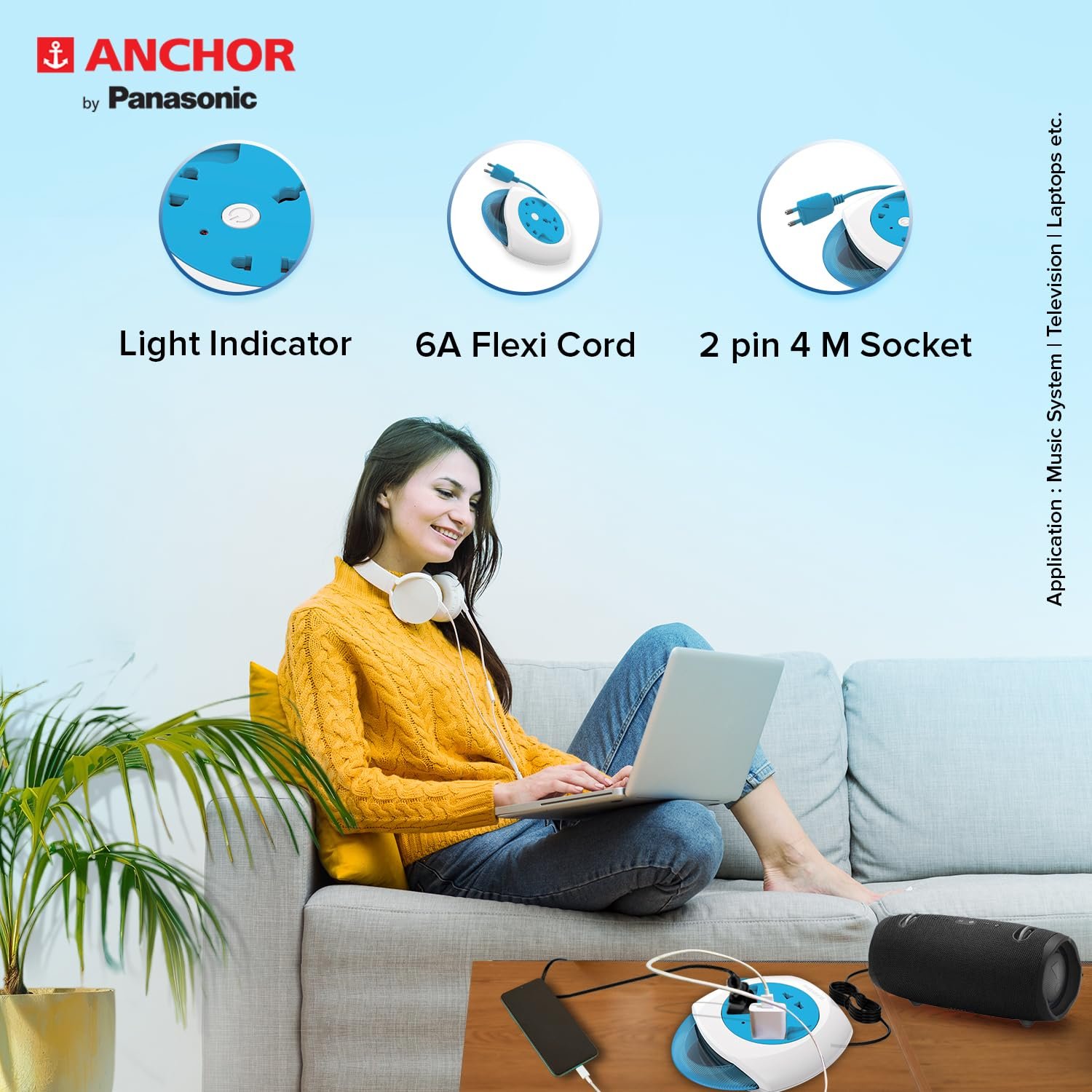 Anchor by Panasonic 6A 2 Pin Felx Box with 4 Mtr Cord | Universal Socket Switch Board With Indicator (Blue & White) (5224) - Image 2